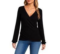Women's Waffle Knit Long Sleeve Top Deep V Neck Wrap Blouse Lantern Sleeve Casual Spring Fall Tunic Shirt Soft Stretchy Thermal Pullover