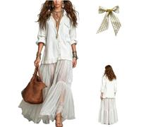 Women's Washed Faux-Denim Patchwork Maxi Dress,Retro Flowy Lapel Denim Spliced Tiered Long Skirt Dress with Sheer Mesh Hem (FR/ES, Letras, L, Regular, Regular, White)