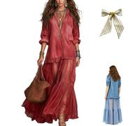 Women's Washed Faux-Denim Patchwork Maxi Dress,Retro Flowy Lapel Denim Spliced Tiered Long Skirt Dress with Sheer Mesh Hem (FR/ES, Letras, XL, Regular, Regular, Red)