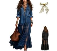 Women's Washed Faux-Denim Patchwork Maxi Dress,Retro Flowy Lapel Denim Spliced Tiered Long Skirt Dress with Sheer Mesh Hem (FR/ES, Letras, M, Regular, Regular, Dark Blue)