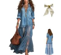 Women's Washed Faux-Denim Patchwork Maxi Dress,Retro Flowy Lapel Denim Spliced Tiered Long Skirt Dress with Sheer Mesh Hem (FR/ES, Letras, XL, Regular, Regular, Light Blue)