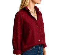 Women's White Cotton Linen Blouse Featuring Floral Embroidery and Ruffled Collar Long Sleeve Button Down Shirt Sweet Cottagecore Top for Spring Summer Casual Wear