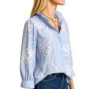 Women's White Cotton Linen Blouse Featuring Floral Embroidery and Ruffled Collar Long Sleeve Button Down Shirt Sweet Cottagecore Top for Spring Summer Casual Wear