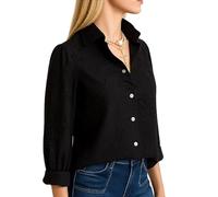 Women's White Cotton Linen Blouse Featuring Floral Embroidery and Ruffled Collar Long Sleeve Button Down Shirt Sweet Cottagecore Top for Spring Summer Casual Wear