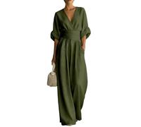 Womens Wide Leg Jumpsuit Wrap V Neck Cinched Waist With Pockets (Army Green,x_l)