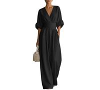 Womens Wide Leg Jumpsuit Wrap V Neck Cinched Waist With Pockets (Black,l)