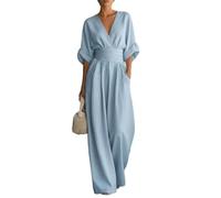 Womens Wide Leg Jumpsuit Wrap V Neck Cinched Waist With Pockets (Blue,x_l)