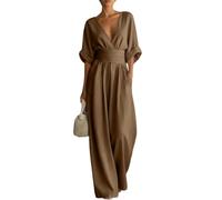 Womens Wide Leg Jumpsuit Wrap V Neck Cinched Waist With Pockets (Brown,s)