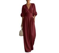 Womens Wide Leg Jumpsuit Wrap V Neck Cinched Waist With Pockets (Burgundy,s)