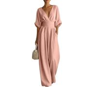 Womens Wide Leg Jumpsuit Wrap V Neck Cinched Waist With Pockets (Pink,3x_l)