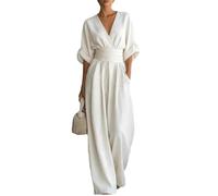 Womens Wide Leg Jumpsuit Wrap V Neck Cinched Waist With Pockets (White,xx_l)
