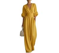 Womens Wide Leg Jumpsuit Wrap V Neck Cinched Waist With Pockets (Yellow,x_l)