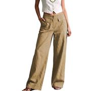 Womens Wide Leg Pants Casual Loose Fit Full Length Trousers with Pockets (Khaki,S)