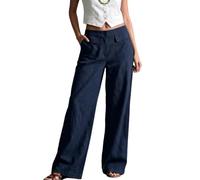 Womens Wide Leg Pants Casual Loose Fit Full Length Trousers with Pockets (Navy,XXL)