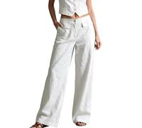 Womens Wide Leg Pants Casual Loose Fit Full Length Trousers with Pockets (White,L)
