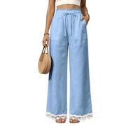 Womens Wide Leg Pants High Waist Drawstring Pockets Lace Trim Hem (Blue,M)