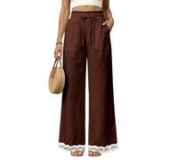 Womens Wide Leg Pants High Waist Drawstring Pockets Lace Trim Hem (Brown,XL)