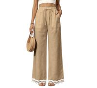Womens Wide Leg Pants High Waist Drawstring Pockets Lace Trim Hem (Khaki,S)