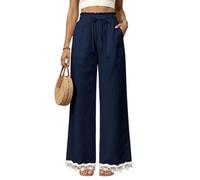 Womens Wide Leg Pants High Waist Drawstring Pockets Lace Trim Hem (Navy,XXL)