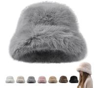 Womens Winter Faux Fur Bucket Hat, 2026 New Soft Fluffy Furry Warm Hat, Cozy Outdoor and Casual Wear for Cold Weather (Grey)