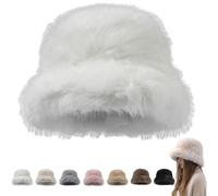 Womens Winter Faux Fur Bucket Hat, 2026 New Soft Fluffy Furry Warm Hat, Cozy Outdoor and Casual Wear for Cold Weather (White)