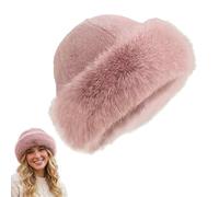 Women's Winter Faux Fur Bucket Hat - Warm Fluffy Fisherman Cap, Soft Plush Fuzzy Hat for Cold Weather Outdoor (Pink)