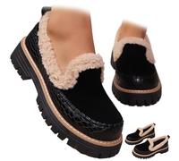 Women's Wool Lining Thick Sole Suede Leather Loafers, Winter Warm Trendy Non Slip-On Comfort Casual Dress Shoes (Black,42)