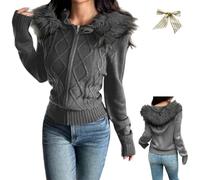 Women's Y2k Faux Fur Lined Hood Cardigan Sweaters,Long Sleevees Zip Up Cable Knitted Slim Fit Hooded Jackets with Ribbed Trim (FR/ES, Letras, L, Regular, Regular, Gray)