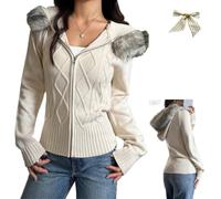 Women's Y2k Faux Fur Lined Hood Cardigan Sweaters,Long Sleevees Zip Up Cable Knitted Slim Fit Hooded Jackets with Ribbed Trim (FR/ES, Letras, S, Regular, Regular, Apricot)