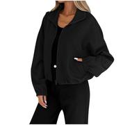 Womens Zip Up Jacket Oversized Stand Collar Casual Outerwear (Black,L)