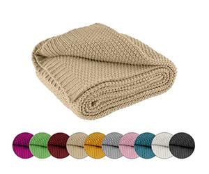 wometo Manta de Punto 140 x 190 cm, Color Beige - Manta de Punto oekoTex cálida y Suave con patrón de Punto Elegante y Sencillo
