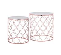 WOMO-DESIGN Mesa de Centro 2X Ø40 / Ø45 cm con Tapa de Mármol Insertada y Marco de Metal Cobre Tablero Redondo Color Blanco Decorativa Mesita Auxiliar Elegante Robusta para Tomar Café y Té en Salón