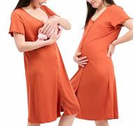 Womum Camison Lactancia Botones, 3 en 1 Lactancia, Hospital y Embarazo, Suave y Transpirable para Máxima Comodidad, Ropa Premama Embarazada, Pijama Lactancia (XL, Teja)