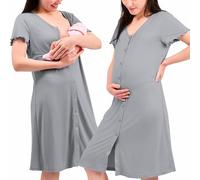 Womum Camison Lactancia Botones, 3 en 1 Lactancia, Hospital y Embarazo, Suave y Transpirable para Máxima Comodidad, Ropa Premama Embarazada, Pijama Lactancia (L, Gris)