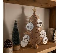 WONDEE Vintiun Árbol Navidad Madera Ecológica con 6 Bolas Colgantes para Personalizar con Nombres de la Familia, Árbol y Adornos de Navidad para la Casa Personalizados y Originales de Madera