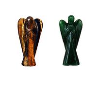 Wonder Care 1 Ángel de ojo de tigre + 1 estatuilla de ángel de jade verde cristales gema tallada mini estatua para el amor, la paz y la curación (café + jade verde., Un solo paquete)