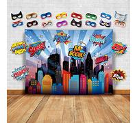 Wonder Woman y Otros Superhéroes Paisaje Urbano Fotografía Fondo, Accesorios de Estudio y Máscara. Ideal como Fondo de Cabina de Fotos de la Ciudad - Niña Cumpleaños Fiesta y Decoración de Eventos