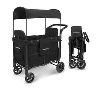 WONDERFOLD W2 - Cochecito doble con 2 asientos altos, arneses de 5 puntos, puerta frontal cremallera fácil acceso y toldo UV extraíble, color negro