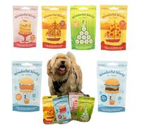 Wonderful World of Treats Paquete variado de golosinas para perros - 6 sabores, hamburguesas de carne y pollo, Salmón Maki, Pepperoni y Meat Feast Pizza, pastel de zanahoria, 6 bolsas de 50 g