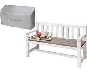 WONDERMAKE® Banco de jardín infantil de diseño de madera resistente a la intemperie con cubierta textil y respaldo, banco de 2 plazas, banco de madera para niños, banco de parque para niños, banco