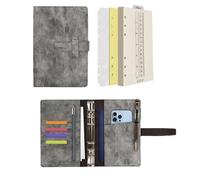 Wonderpool A6 Carpeta de Cuero 6 Anillas Papel Punteado Organizador Recargable Cuaderno de Escritura y Funda con Múltiples Bolsillos Para Viajes de Estudio de Negocios (A6, Gris)