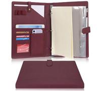 Wonderpool Carpeta de piel A4, portadocumentos, archivador de anillas, portapapeles extraíble con varias cenizas y almohadilla a rayas ancha para organizadores de negocios, conferencias (rojo vino)