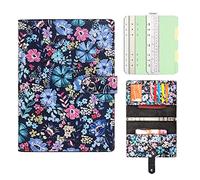 Wonderpool Carpetas cuaderno cuero recargables escritura Diario con patrón & bolsillos - Papel rayado grueso de 100gsm para viajes escolares trabajo (Flores, A5)