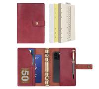 Wonderpool Carpetas Diario de cuero Cuaderno recargable Diario en espiral - Papel de cuadrícula de puntos y bolsillos interiores de cuero real para viajes escolares Trabajo (Rojo vino, A6)