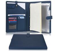 Wonderpool Cartera de cuero PU A4 para documentos carpeta de anillas portapapeles extraíble con múltiples bolsillos y bloc de rayas legal para organizadores conferencias entrevistas negocios (Azul)