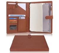 Wonderpool Cartera de cuero PU A4 para documentos carpeta de anillas portapapeles extraíble con múltiples bolsillos y bloc de rayas legal para organizadores conferencias entrevistas negocios (Marrón)
