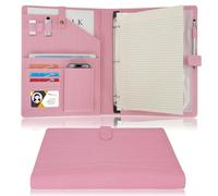 Wonderpool Cartera de cuero PU A4 para documentos carpeta de anillas portapapeles extraíble con múltiples bolsillos y bloc de rayas legal para organizadores conferencias entrevistas (Rosa)
