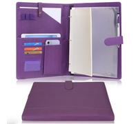 Wonderpool Cartera de cuero PU A4 para documentos carpeta de anillas portapapeles extraíble con múltiples bolsillos y bloc de rayas legal para organizadores conferencias entrevistas negocios (Púrpura)