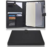 Wonderpool Cartera de cuero PU A4 para documentos carpeta de anillas portapapeles extraíble con múltiples bolsillos y bloc de rayas legal para organizadores conferencias entrevistas negocios (Negro)