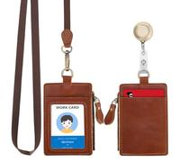Wonderpool Cuero Colgantes Tarjetas ID Tarjetero Cremallera billetera ranuras con Correa para Cuello Lanyard & Llavero Extensible Retractil Para ID Oficina Escuela Monedas Llave (Rojo marrón)